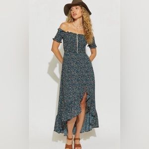 Francesca’s Navy Floral off the shoulder maxi dress